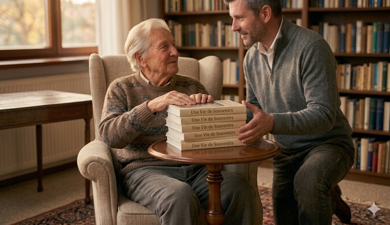 Biographe professionnel remettant une pile de livres de mémoires intitulés "Une Vie de Souvenirs" à un homme âgé dans une bibliothèque chaleureuse.