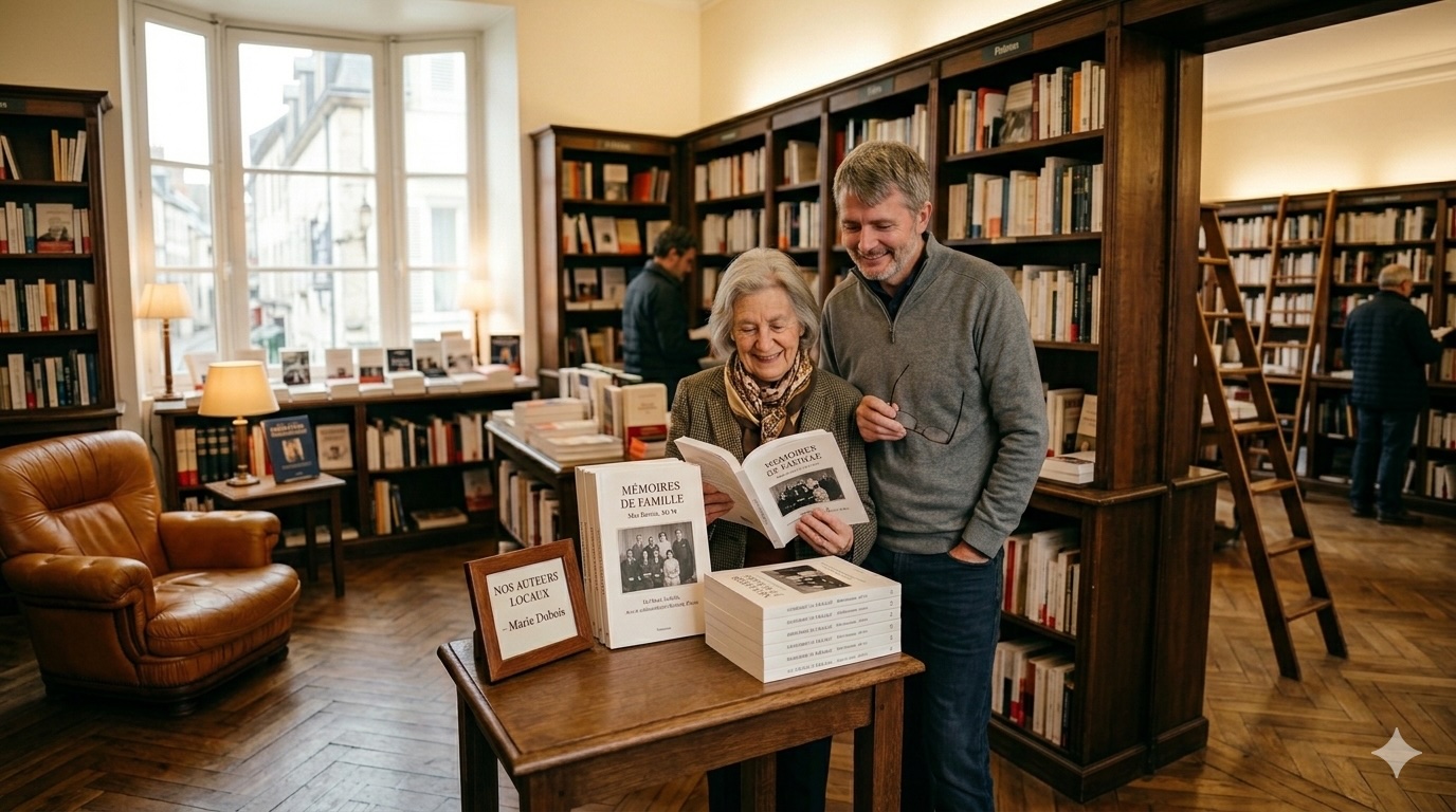 Biographe professionnel et son auteure en librairie devant leur livre biographique intitulé Mémoires de Famille.