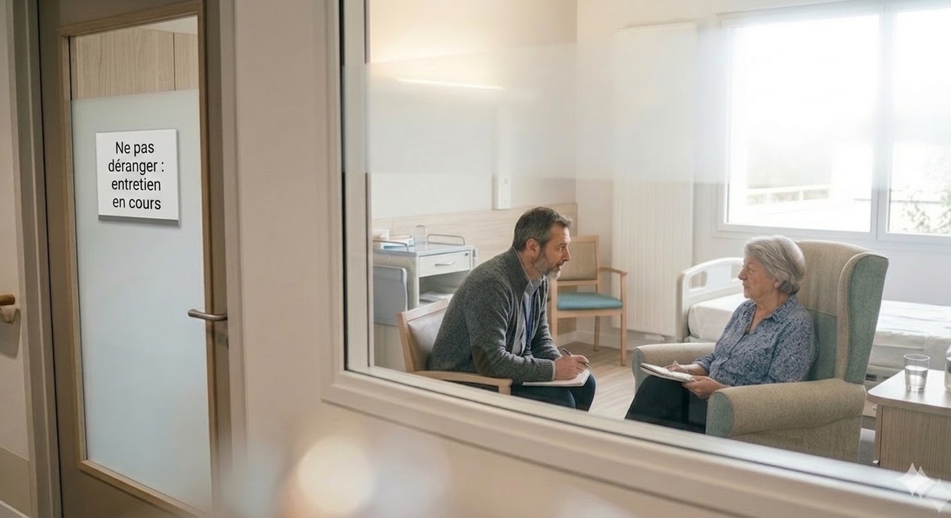 Vue à travers une vitre de couloir d'un biographe en entretien avec une patiente dans une chambre d'hôpital, affiche "Ne pas déranger" sur la porte.