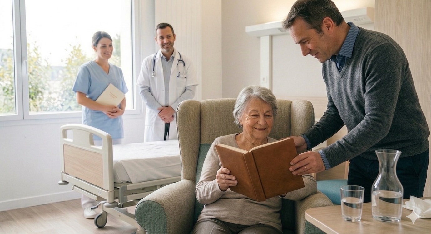 Photographie de la remise d'un livre de biographie hospitalière par Monsieur Plume à une patiente âgée souriante, en présence de l'équipe médicale (infirmière et médecin) dans une chambre d'hôpital en Normandie.