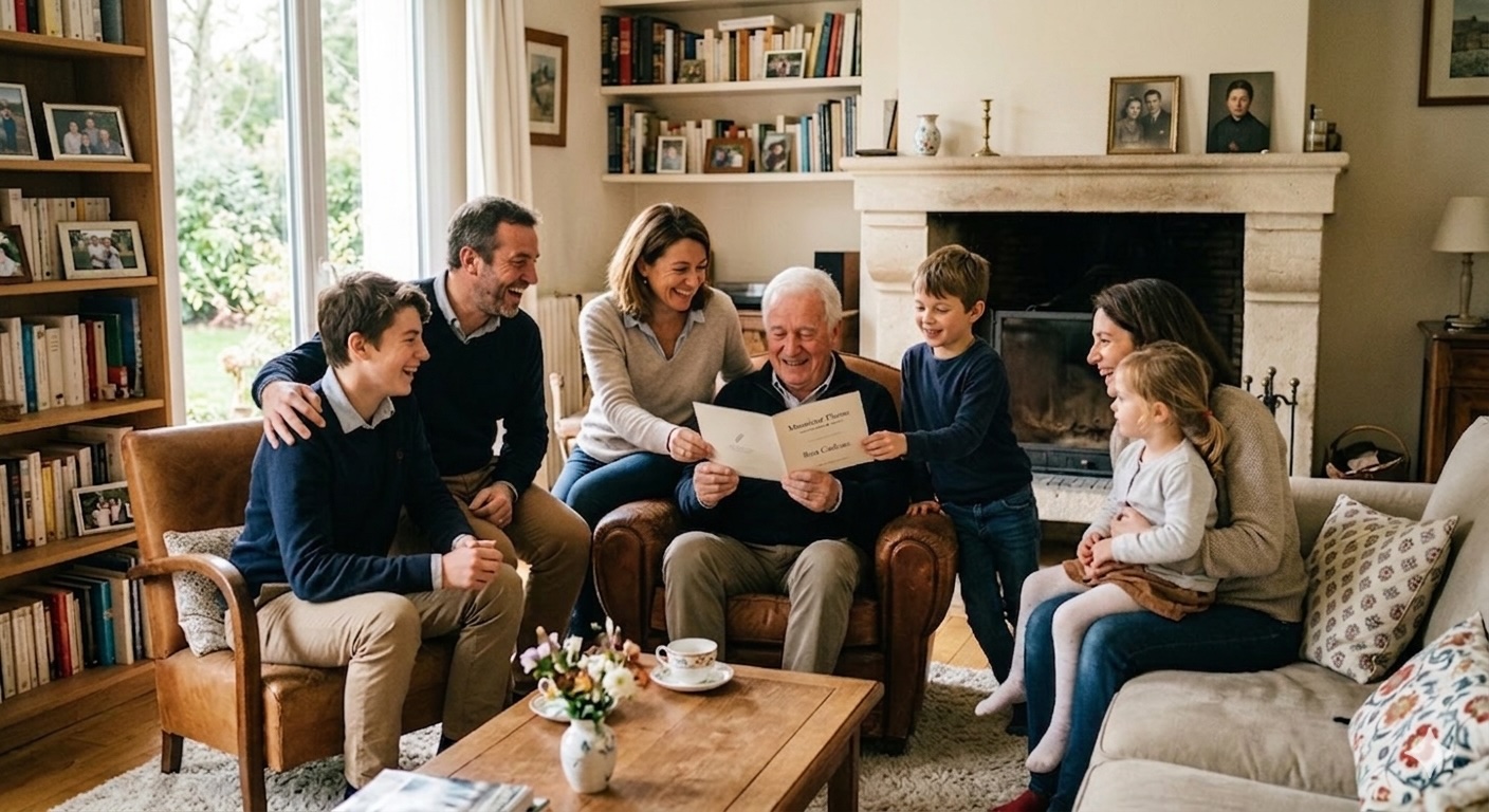 Une famille réunie dans un salon chaleureux offrant un bon cadeau Monsieur Plume à un grand-père pour la rédaction de sa biographie.