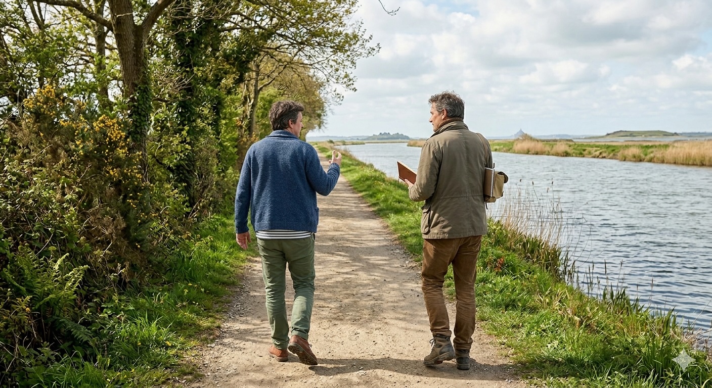 Deux hommes de dos marchant sur un sentier en terre longeant un canal dans la Manche, en Normandie, discutant avec le Mont Saint-Michel au loin.