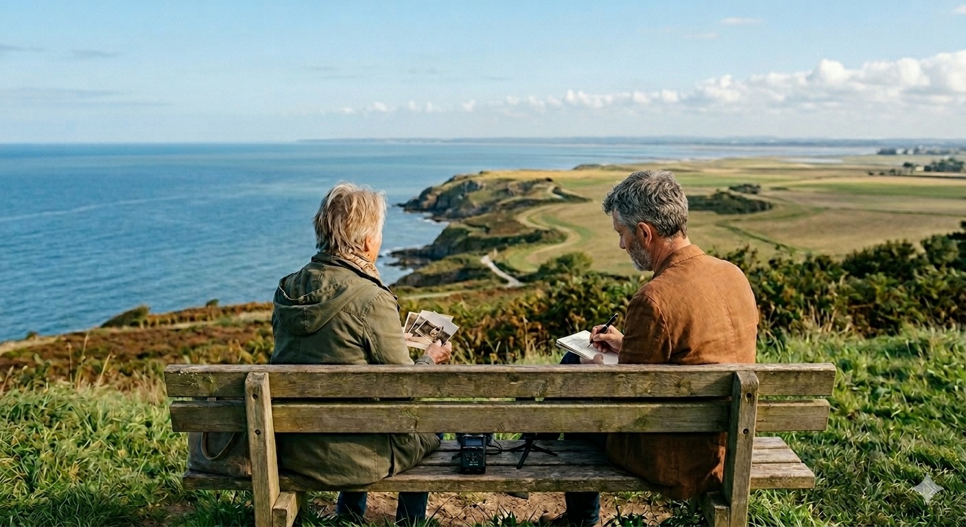 Un biographe assis sur un banc face à la mer prend des notes pendant qu'une femme âgée regarde de vieilles photos de famille.
