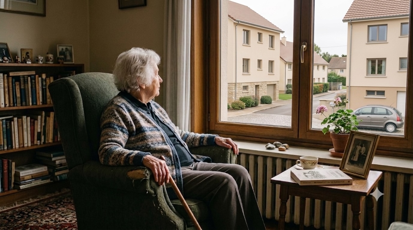 Femme âgée aux cheveux blancs assise dans un fauteuil, regardant par la fenêtre de son salon, illustrant la solitude et l'isolement des seniors.