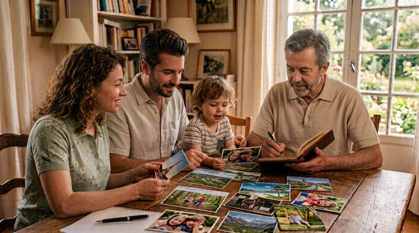 Une famille réunie autour d'une table en bois avec un biographe professionnel pour choisir des photos souvenirs et rédiger une biographie illustrée.