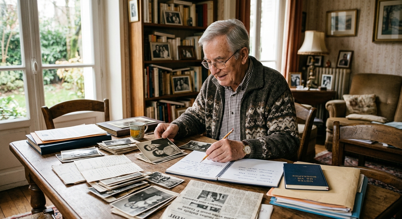 Photographie de style réaliste d'un homme âgé et souriant, portant des lunettes et un cardigan en laine gris, assis à une table en bois remplie de vieilles photographies en noir et blanc, de lettres manuscrites et de coupures de journaux. Il regarde et parle à une personne dont on ne voit que l'épaule et la main, suggérant un entretien biographique. L'homme tient une photo de couple. Un carnet à spirale est ouvert devant lui avec des notes. Le décor est un salon chaleureux et rempli de livres, éclairé par la lumière naturelle d'une fenêtre donnant sur un jardin.