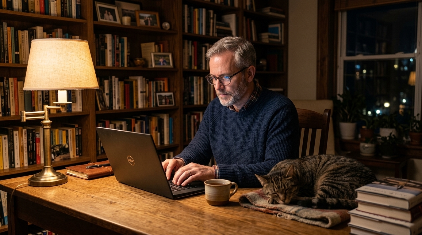 Homme mûr à lunettes tapant sur un ordinateur portable Dell à un bureau en bois laqué, éclairé par une lampe articulée cuivrée, avec un chat tigré endormi à ses côtés et des bibliothèques remplies en arrière-plan.