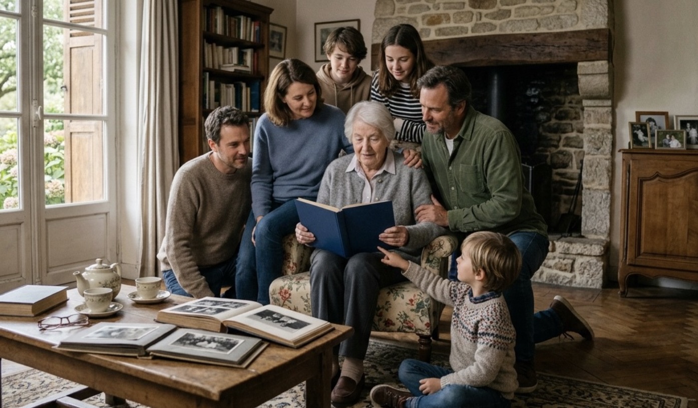Une grand-mère assise dans son fauteuil lit le livre de sa biographie entourée de sa famille réunie dans un salon chaleureux.